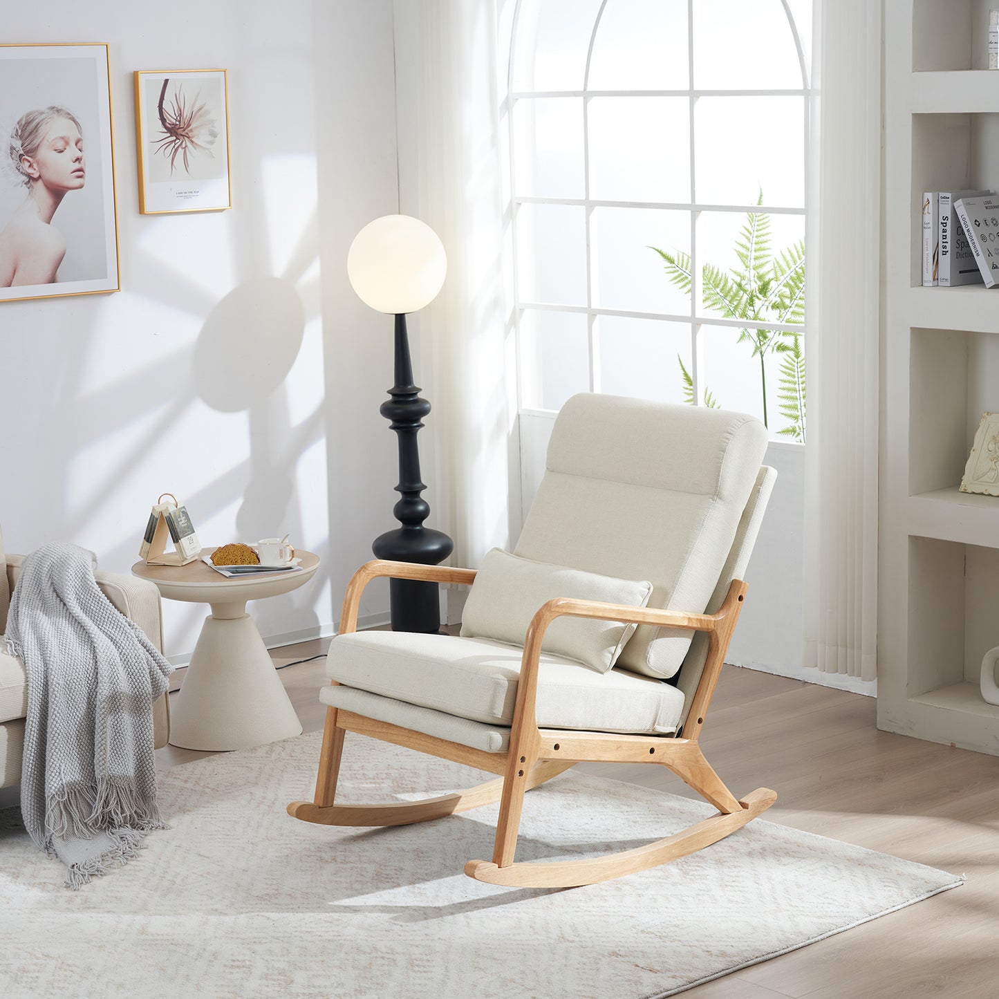 100*65*101cm High Back Belt Waist Pillow Log Color Solid Wood Armrest Backrest Seat Frame Iron Frame  Indoor Rocking Chair/armchair dual use Off-white Linen