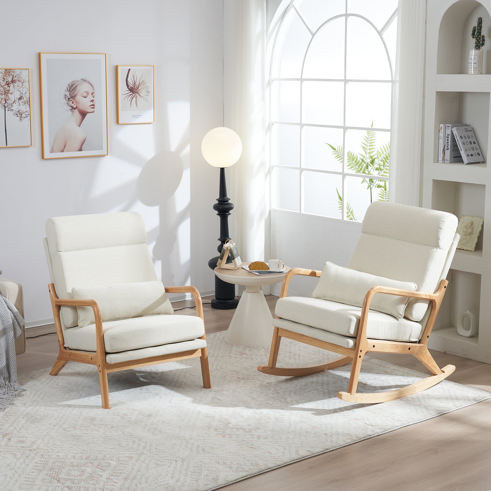 100*65*101cm High Back Belt Waist Pillow Log Color Solid Wood Armrest Backrest Seat Frame Iron Frame  Indoor Rocking Chair/armchair dual use Off-white Linen