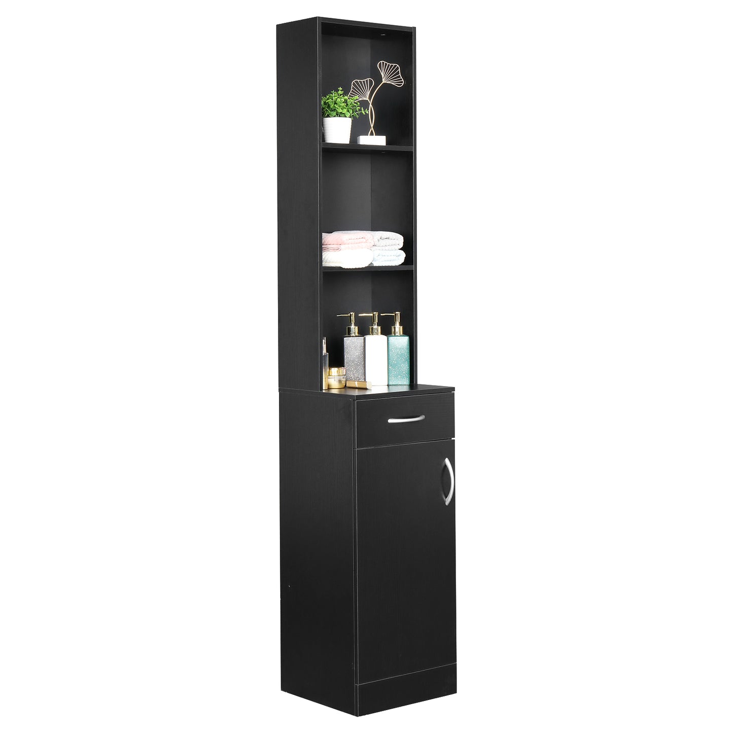 FCH MDF With Triamine One Door One Drawer Three Compartments High Cabinet Bathroom Wall Cabinet Black