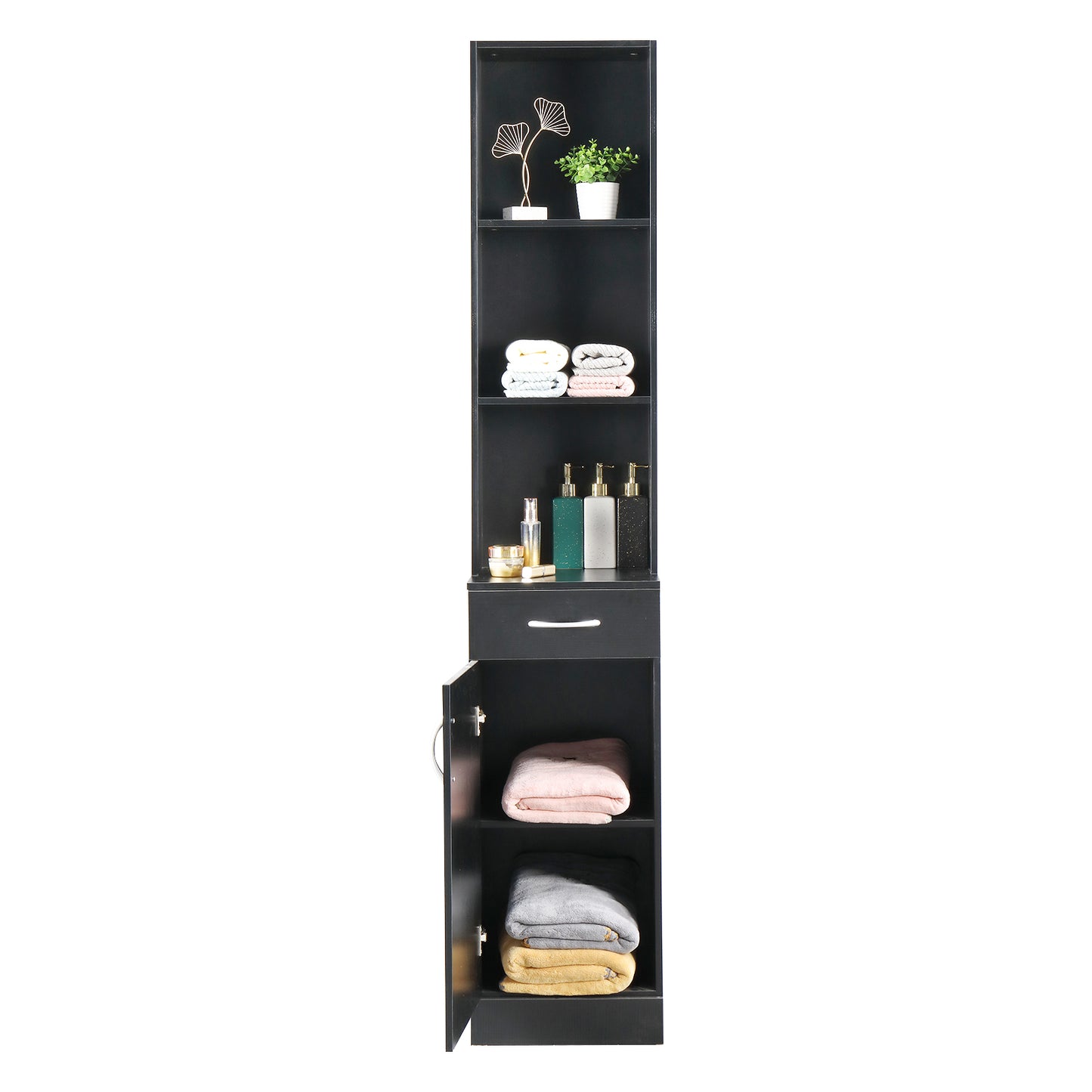 FCH MDF With Triamine One Door One Drawer Three Compartments High Cabinet Bathroom Wall Cabinet Black