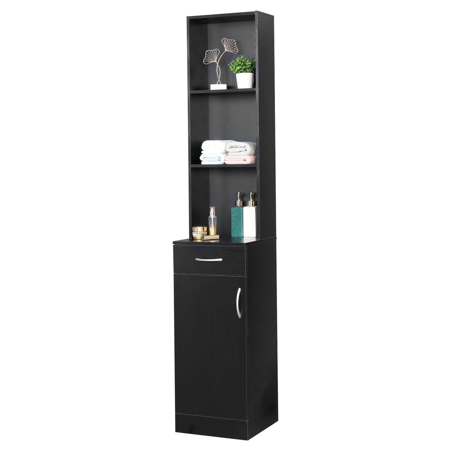 FCH MDF With Triamine One Door One Drawer Three Compartments High Cabinet Bathroom Wall Cabinet Black