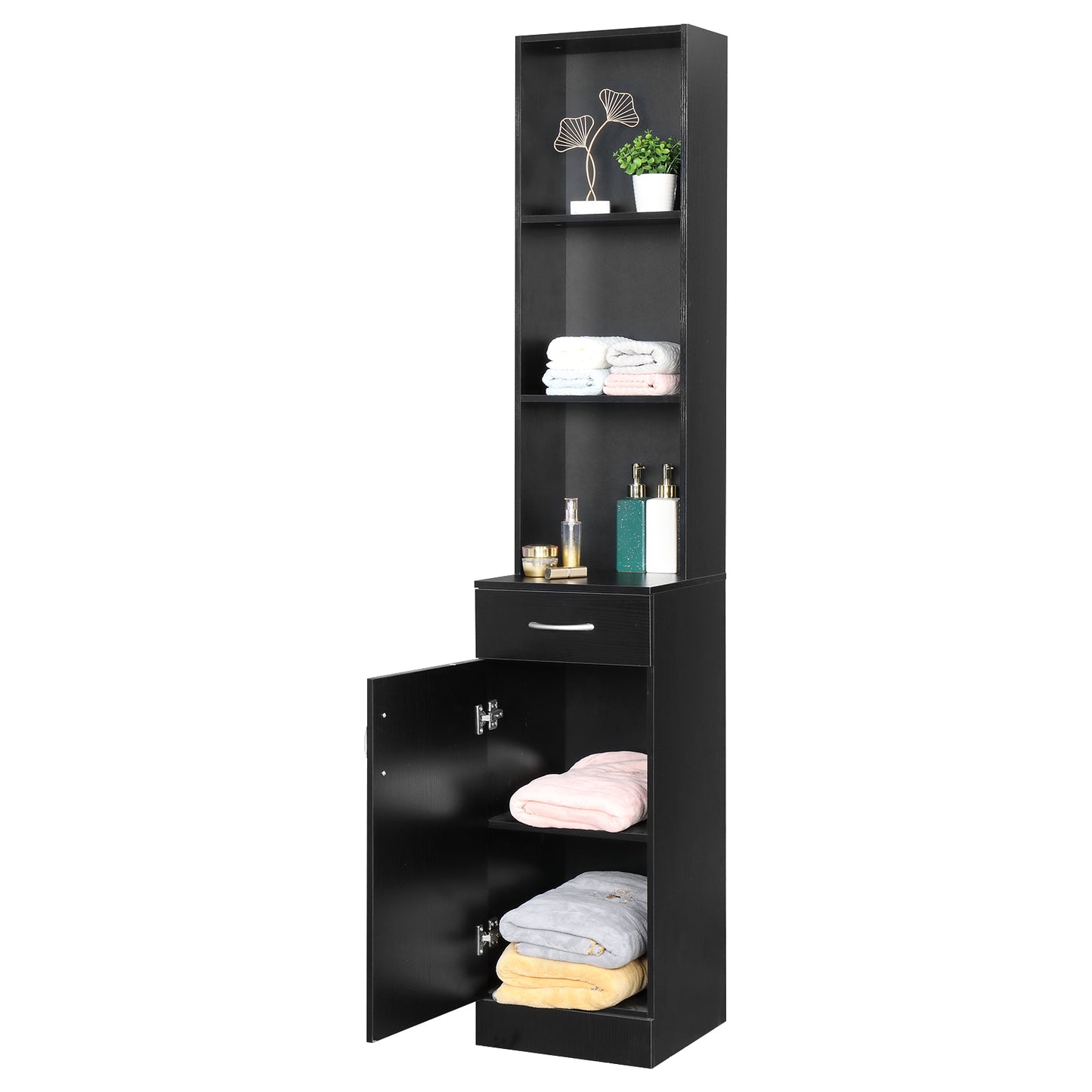 FCH MDF With Triamine One Door One Drawer Three Compartments High Cabinet Bathroom Wall Cabinet Black