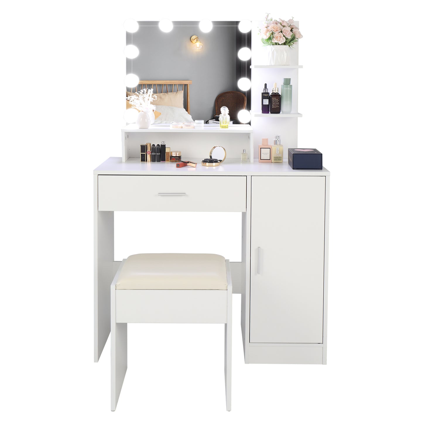 FCH Large Vanity Set with 10 LED Bulbs, Makeup Table with Cushioned Stool, 3 Storage Shelves 1 Drawer 1 Cabinet, Dressing Table Dresser Desk for Women, Girls, Bedroom, White