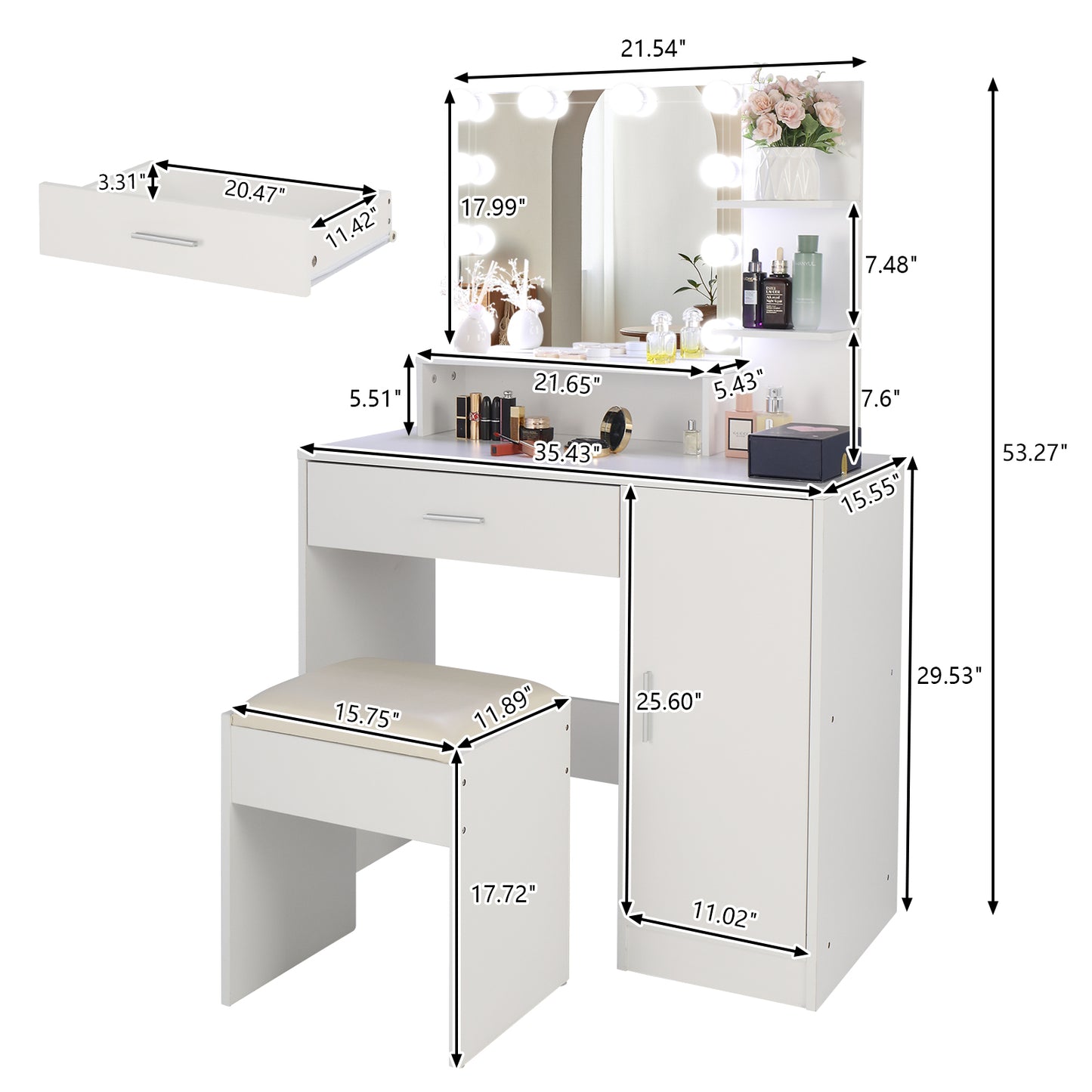 FCH Large Vanity Set with 10 LED Bulbs, Makeup Table with Cushioned Stool, 3 Storage Shelves 1 Drawer 1 Cabinet, Dressing Table Dresser Desk for Women, Girls, Bedroom, White