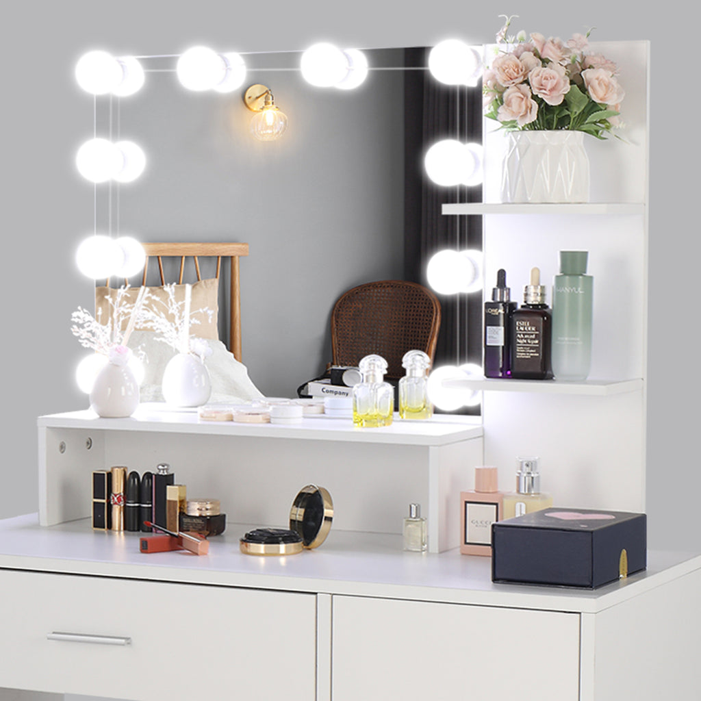 FCH Large Vanity Set with 10 LED Bulbs, Makeup Table with Cushioned Stool, 3 Storage Shelves 1 Drawer 1 Cabinet, Dressing Table Dresser Desk for Women, Girls, Bedroom, White