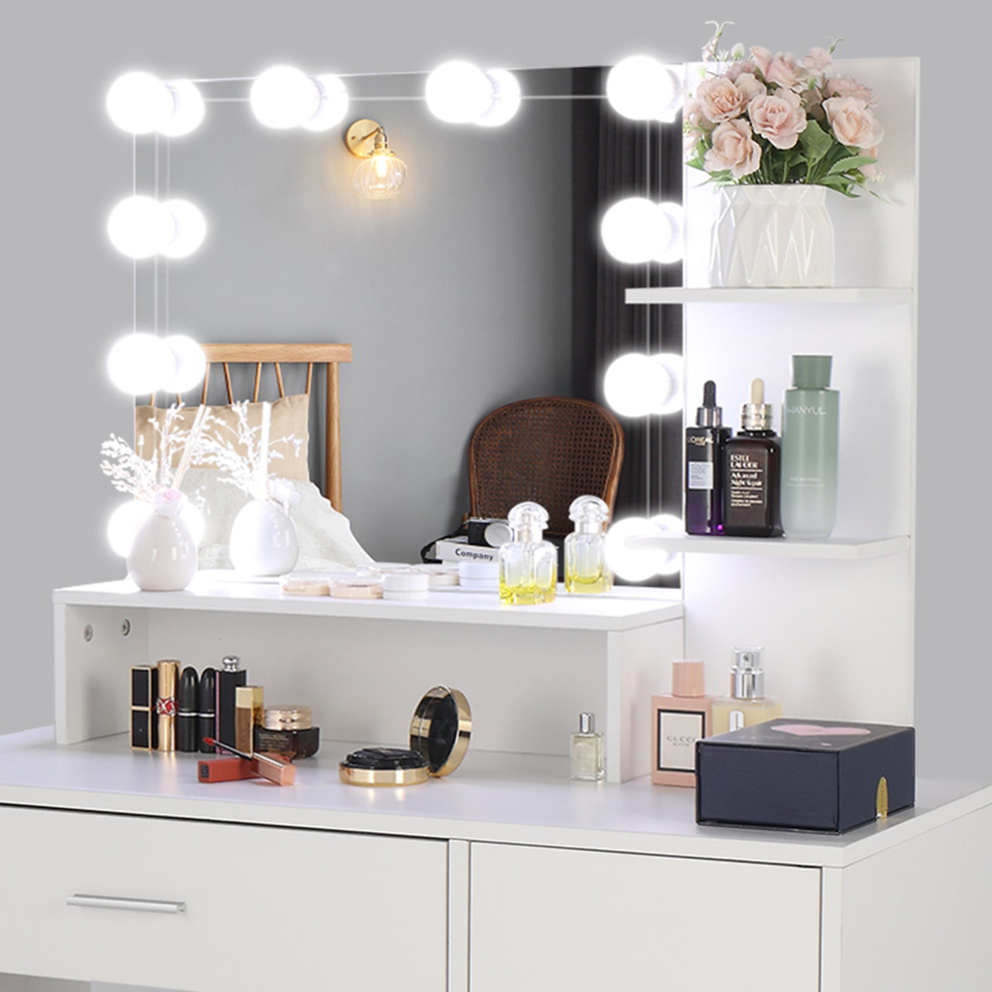 FCH Large Vanity Set with 10 LED Bulbs, Makeup Table with Cushioned Stool, 3 Storage Shelves 1 Drawer 1 Cabinet, Dressing Table Dresser Desk for Women, Girls, Bedroom, White