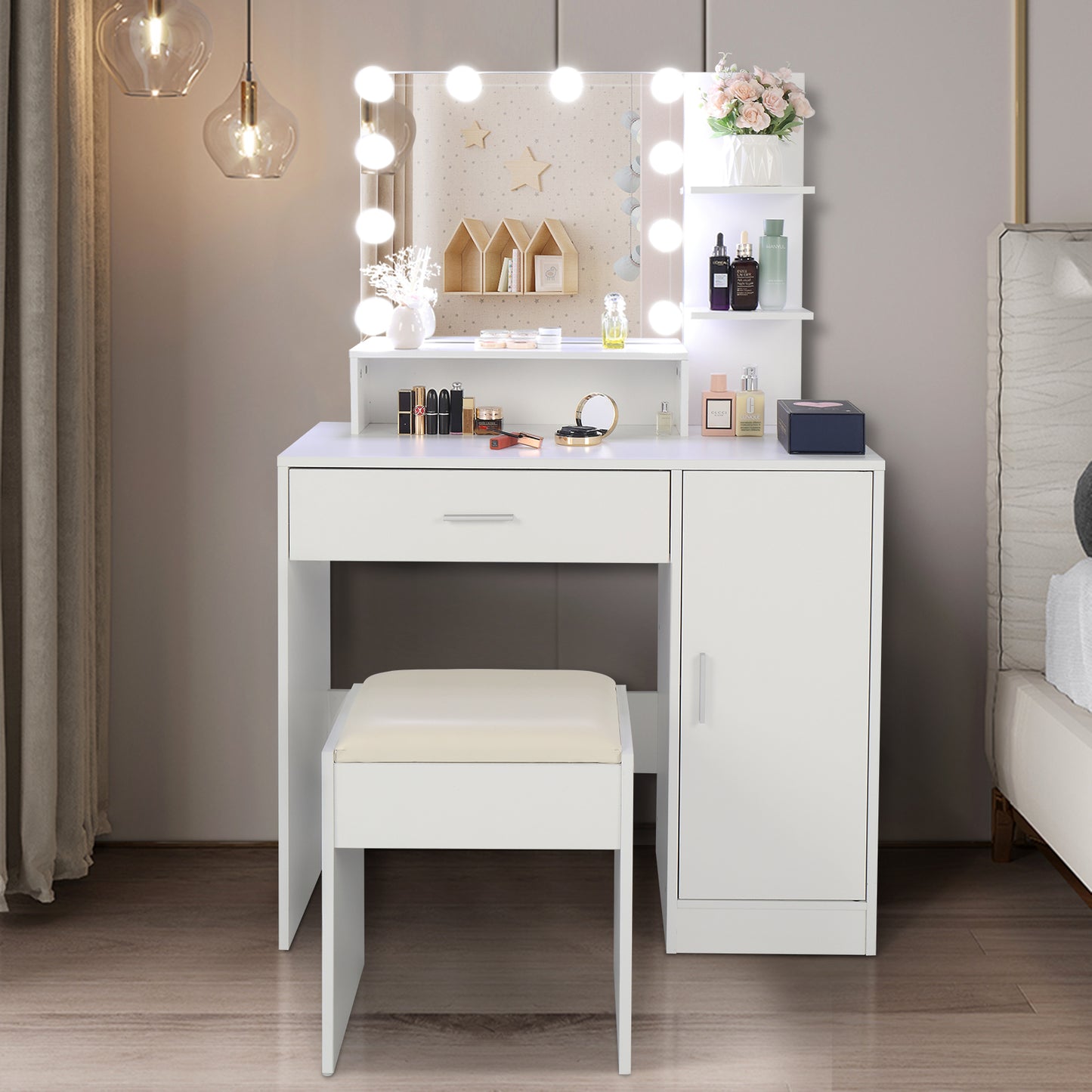 FCH Large Vanity Set with 10 LED Bulbs, Makeup Table with Cushioned Stool, 3 Storage Shelves 1 Drawer 1 Cabinet, Dressing Table Dresser Desk for Women, Girls, Bedroom, White