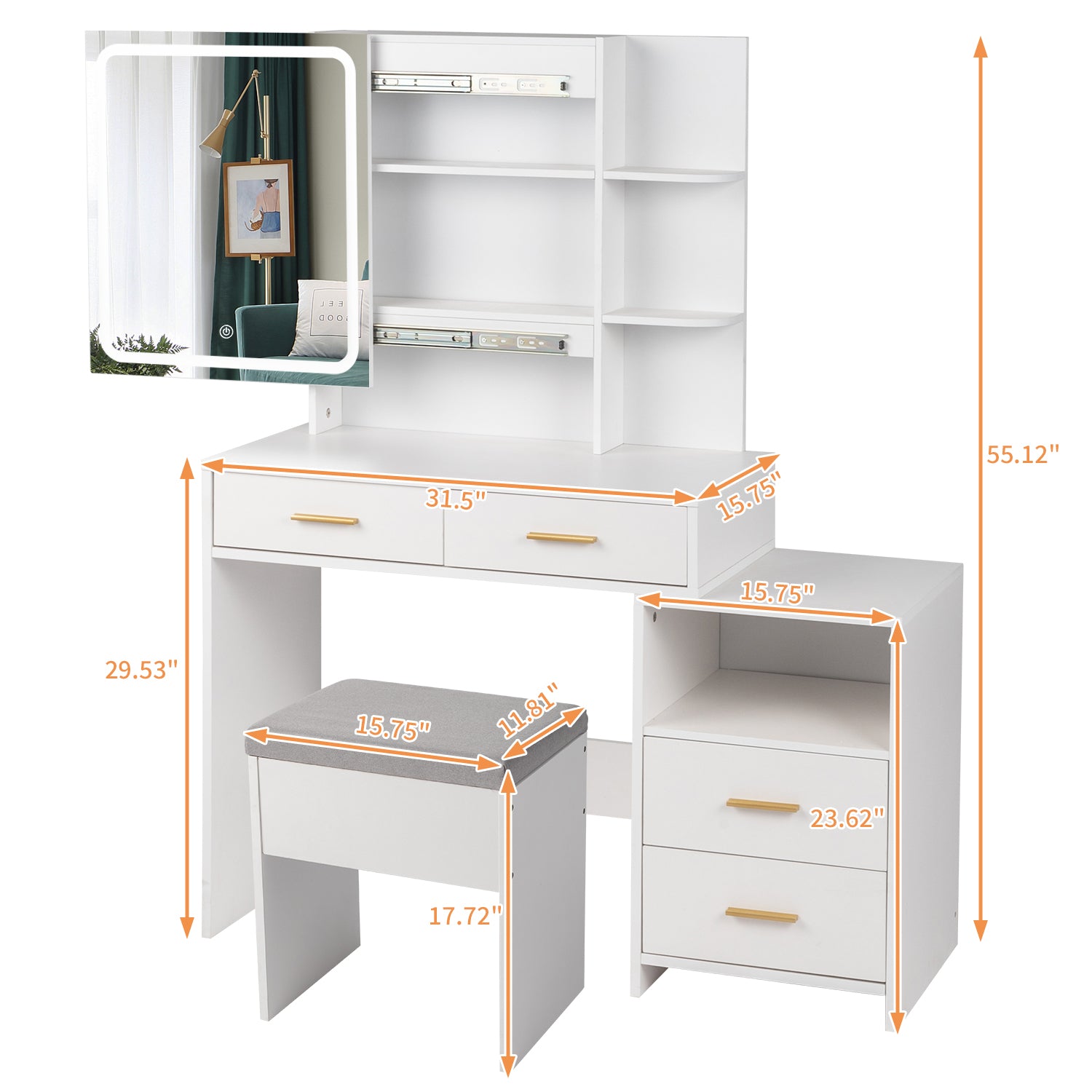 Particleboard Triamine Veneer 4 Drawers 1 Storage Cabinet 2 Shelves Mirror Cabinet Dressing Table Set Led Three-Tone Light White