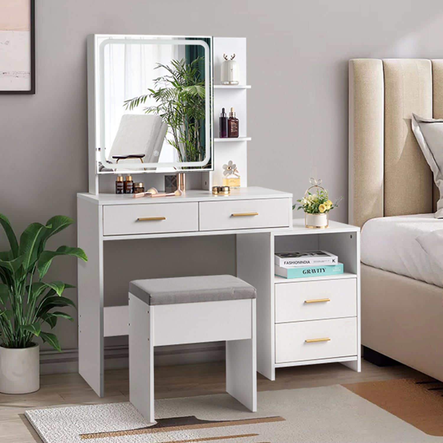 Particleboard Triamine Veneer 4 Drawers 1 Storage Cabinet 2 Shelves Mirror Cabinet Dressing Table Set Led Three-Tone Light White