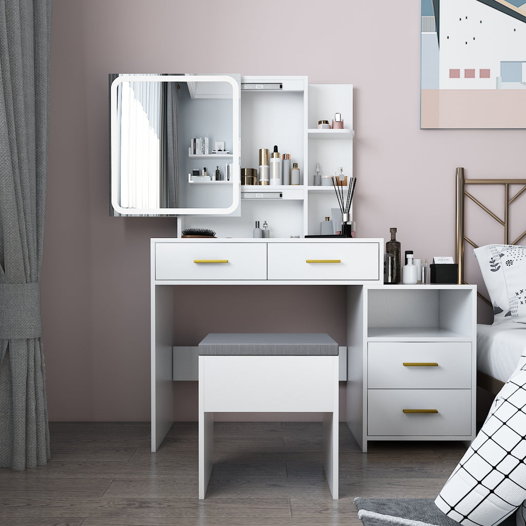 Particleboard Triamine Veneer 4 Drawers 1 Storage Cabinet 2 Shelves Mirror Cabinet Dressing Table Set Led Three-Tone Light White