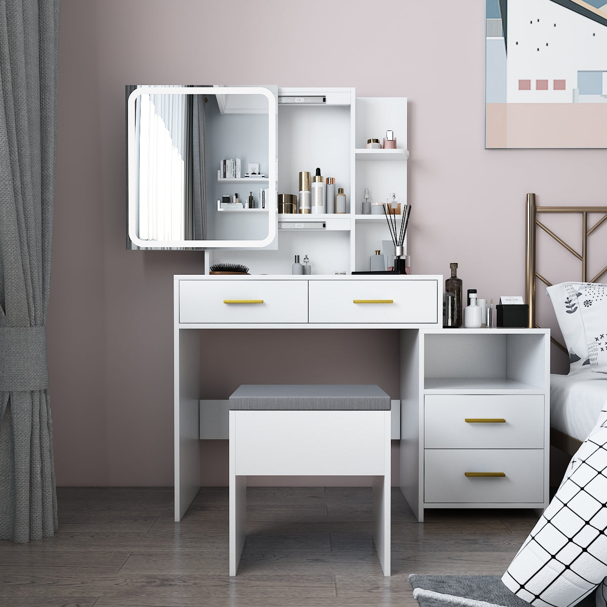Particleboard Triamine Veneer 4 Drawers 1 Storage Cabinet 2 Shelves Mirror Cabinet Dressing Table Set Led Three-Tone Light White