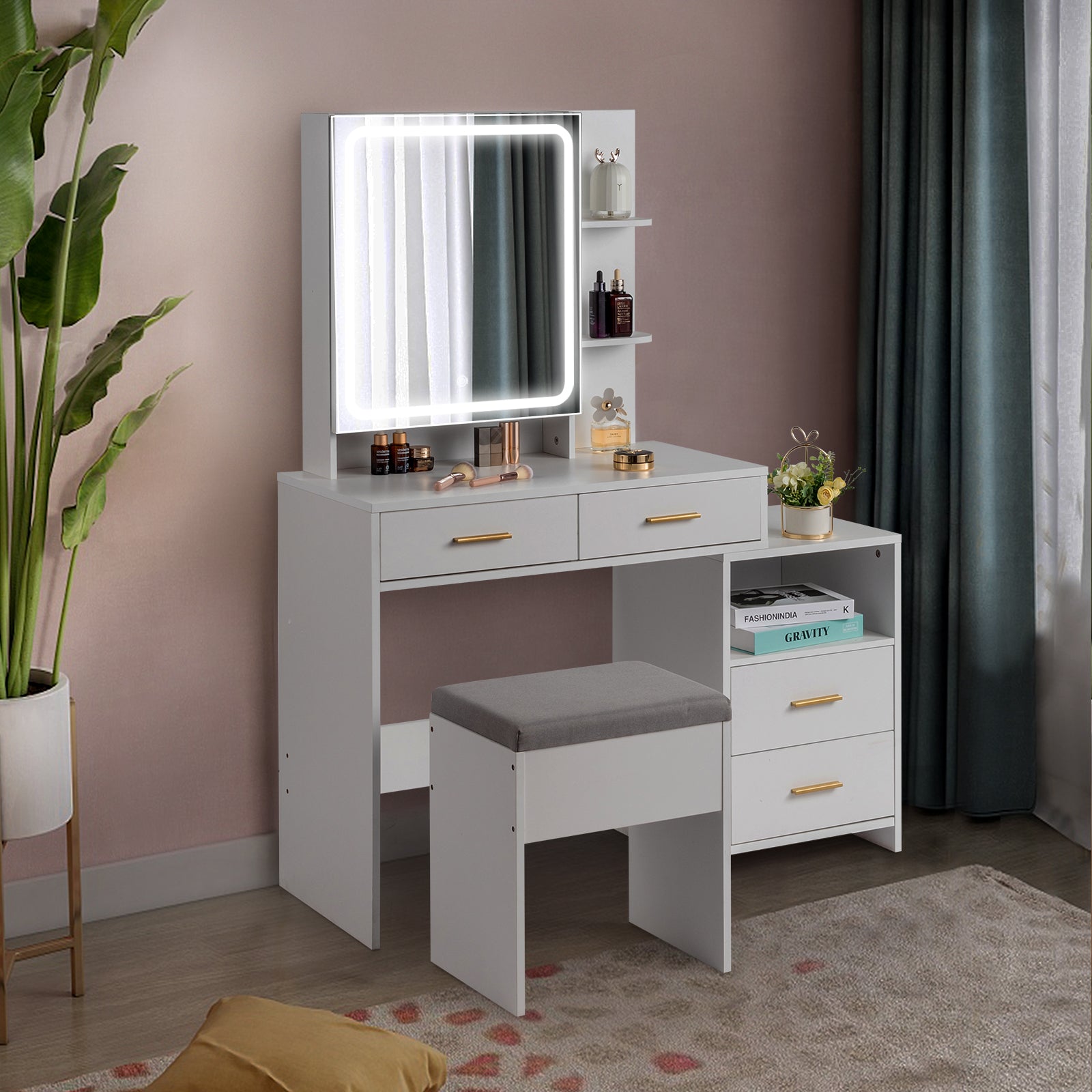 Particleboard Triamine Veneer 4 Drawers 1 Storage Cabinet 2 Shelves Mirror Cabinet Dressing Table Set Led Three-Tone Light White