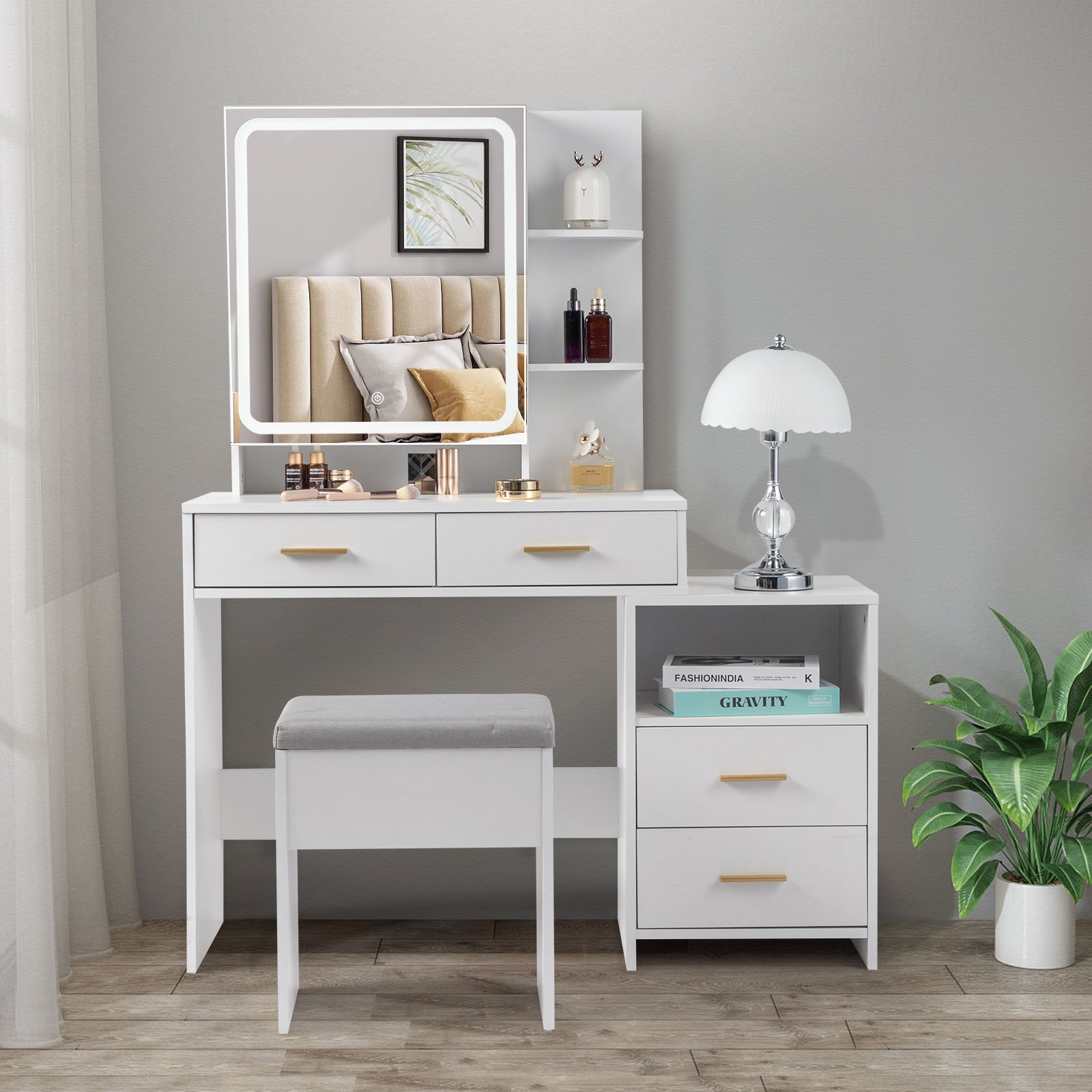 Particleboard Triamine Veneer 4 Drawers 1 Storage Cabinet 2 Shelves Mirror Cabinet Dressing Table Set Led Three-Tone Light White
