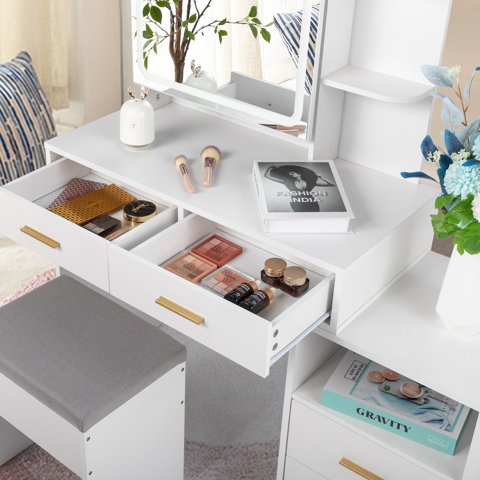 Particleboard Triamine Veneer 4 Drawers 1 Storage Cabinet 2 Shelves Mirror Cabinet Dressing Table Set Led Three-Tone Light White