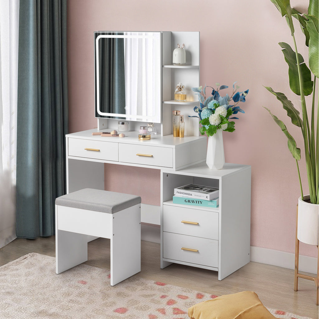 Particleboard Triamine Veneer 4 Drawers 1 Storage Cabinet 2 Shelves Mirror Cabinet Dressing Table Set Led Three-Tone Light White