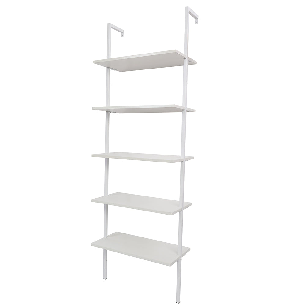 5-Shelf Wood Ladder Bookcase with Metal Frame, Industrial 5-Tier Modern Ladder Shelf Wood Shelves,White