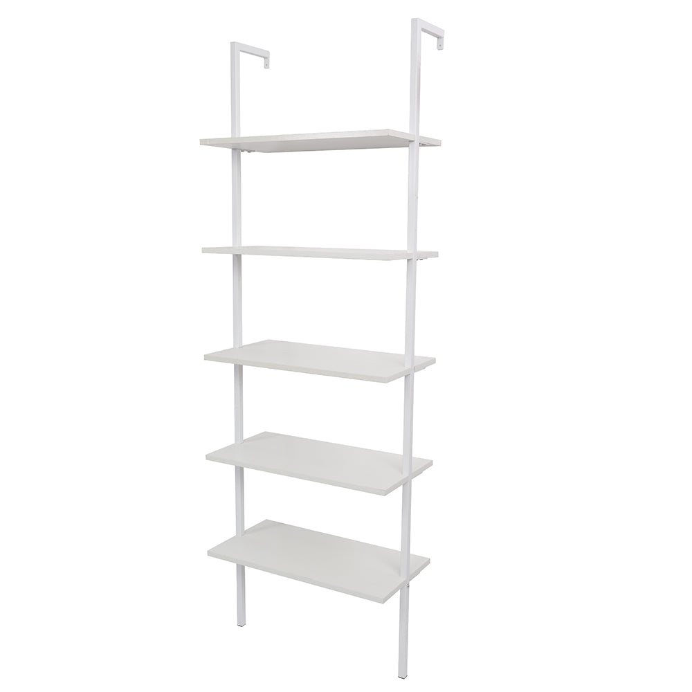 5-Shelf Wood Ladder Bookcase with Metal Frame, Industrial 5-Tier Modern Ladder Shelf Wood Shelves,White