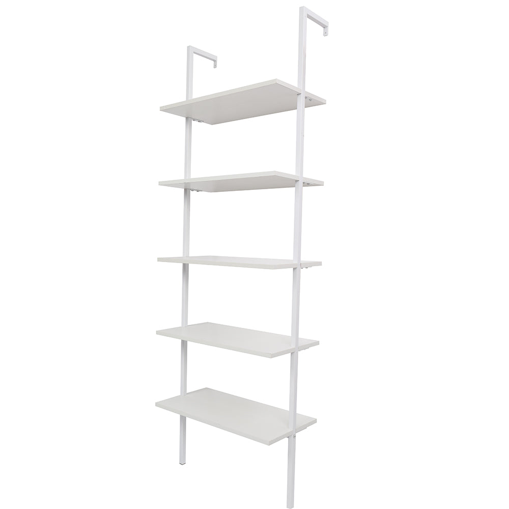 5-Shelf Wood Ladder Bookcase with Metal Frame, Industrial 5-Tier Modern Ladder Shelf Wood Shelves,White