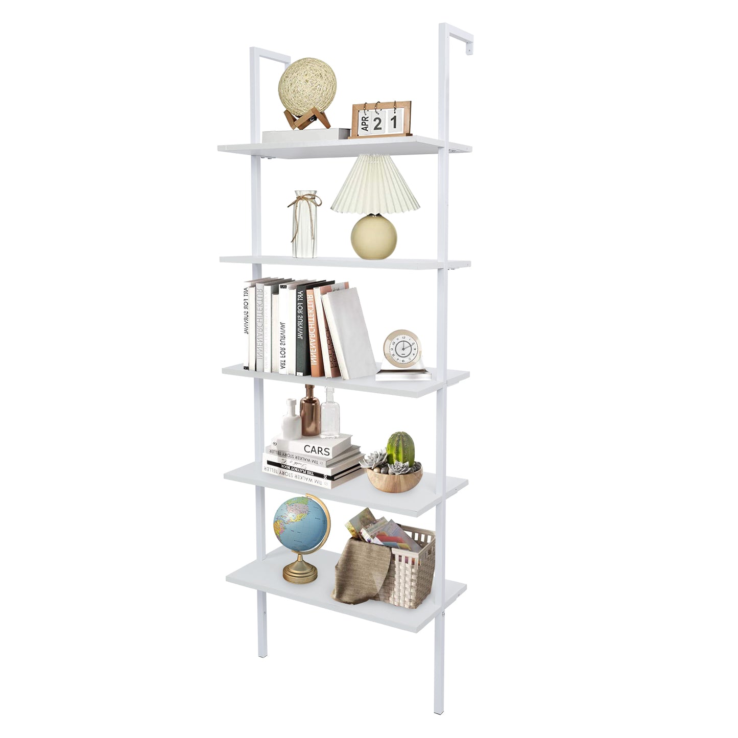 5-Shelf Wood Ladder Bookcase with Metal Frame, Industrial 5-Tier Modern Ladder Shelf Wood Shelves,White