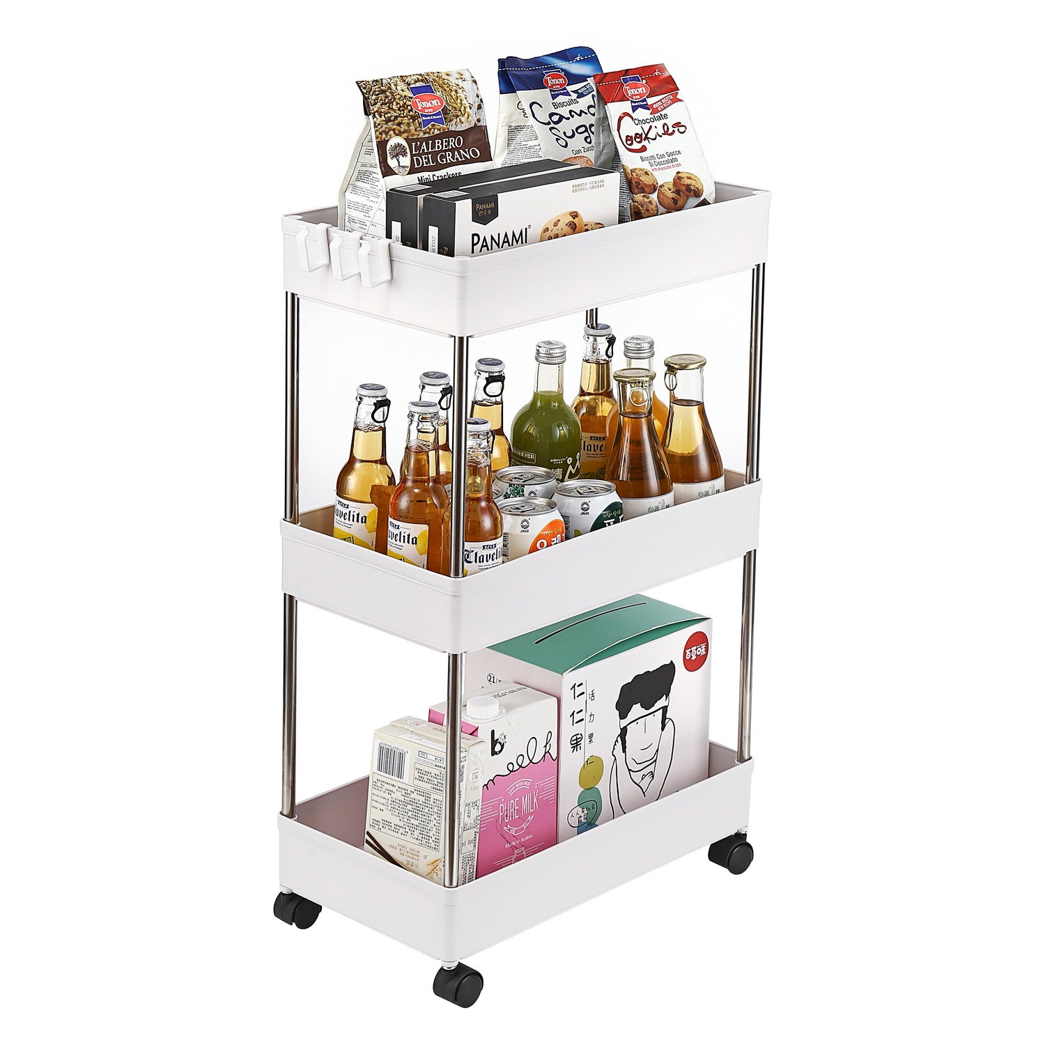 3-Layer Mobile Multi-functional Storage Cart,Suitable for Kitchen, Bathroom, Laundry Room Narrow Place, Plastic and Stainless Steel, White