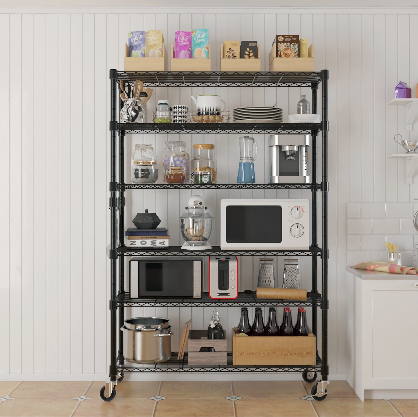 6-Tier disassembly and free assembly NSF-Certified Steel Wire Shelving with Wheels