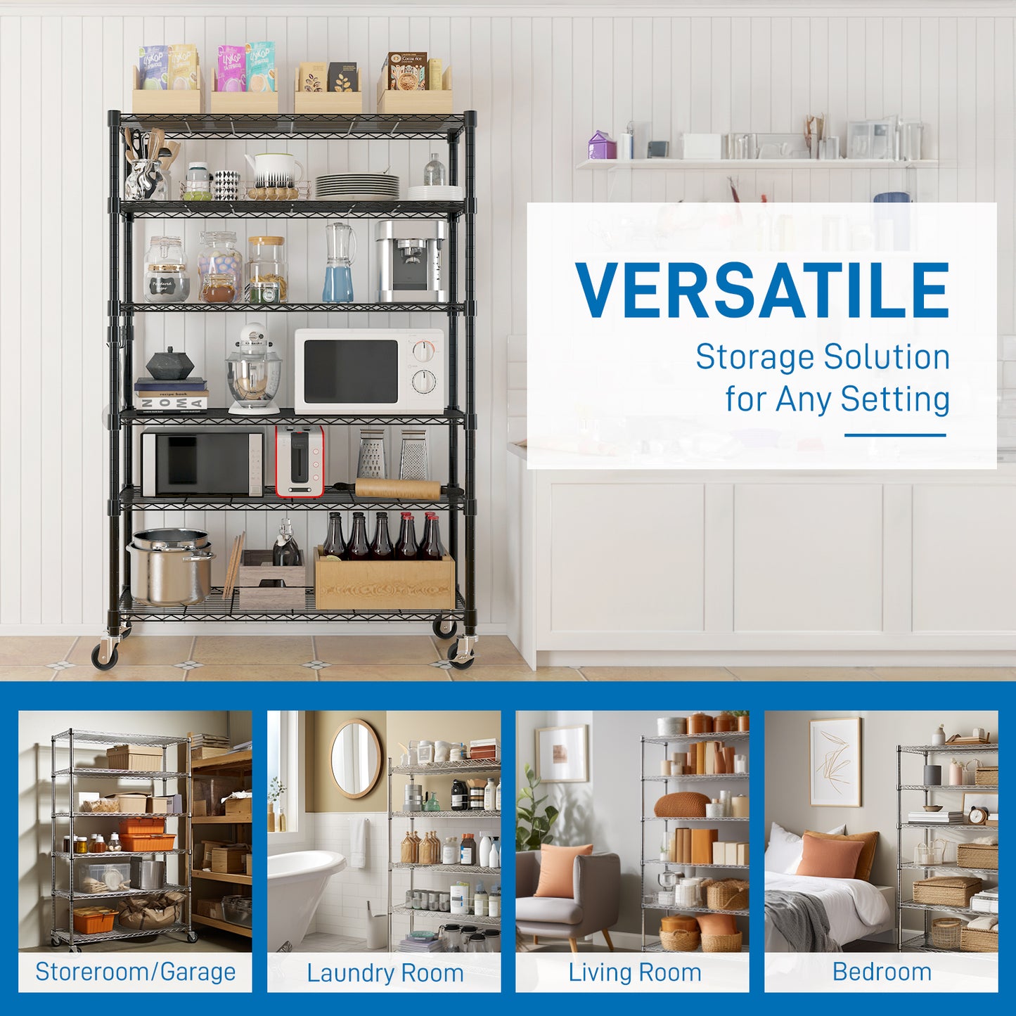 6-Tier disassembly and free assembly NSF-Certified Steel Wire Shelving with Wheels