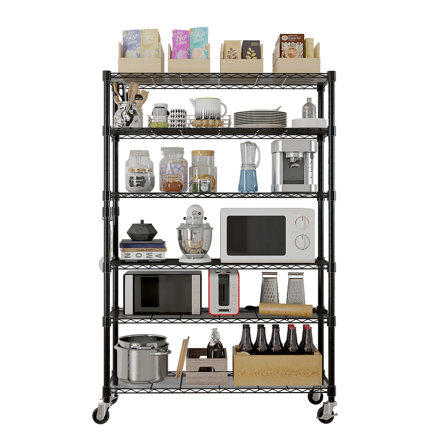 6-Tier disassembly and free assembly NSF-Certified Steel Wire Shelving with Wheels