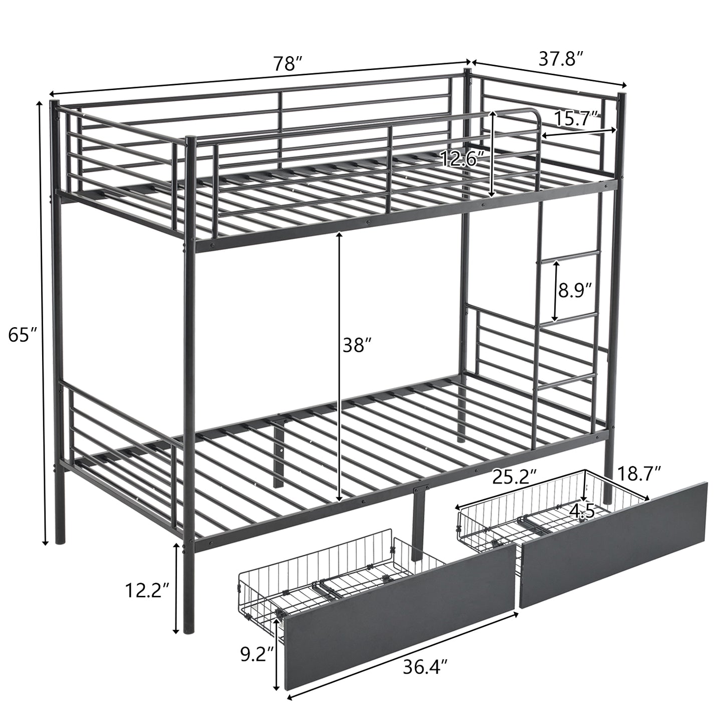 Twin Over Twin Bunk Bed with Two Storage Drawers & Full-Length Guard Rail, Heavy Duty Metal Bunk Bed for Kids Teens Adults, Black