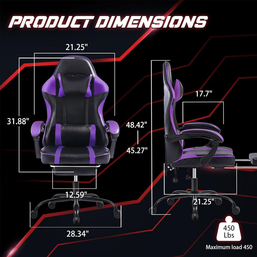 Video Game Chairs for Adults, PU Leather Gaming Chair with Footrest, 360°Swivel Adjustable Lumbar Pillow Gamer Chair, Comfortable Computer Chair for Heavy People, Purple