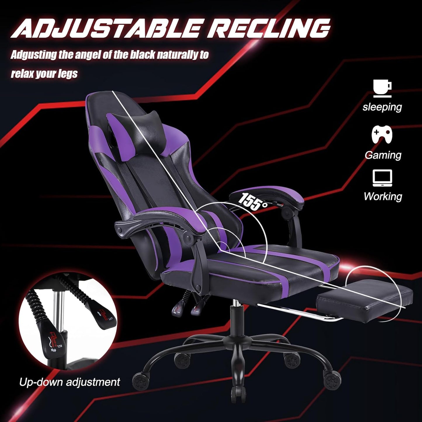 Video Game Chairs for Adults, PU Leather Gaming Chair with Footrest, 360°Swivel Adjustable Lumbar Pillow Gamer Chair, Comfortable Computer Chair for Heavy People, Purple