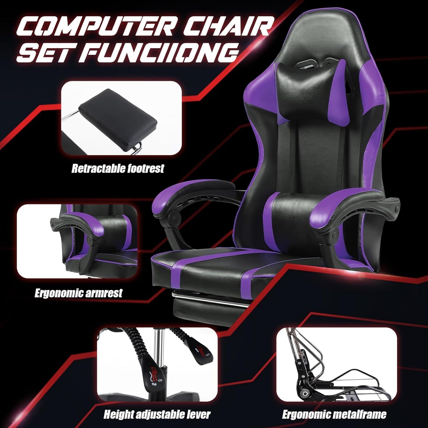 Video Game Chairs for Adults, PU Leather Gaming Chair with Footrest, 360°Swivel Adjustable Lumbar Pillow Gamer Chair, Comfortable Computer Chair for Heavy People, Purple