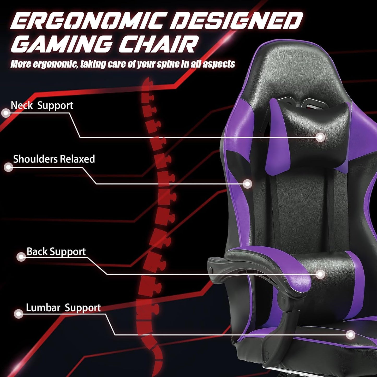 Video Game Chairs for Adults, PU Leather Gaming Chair with Footrest, 360°Swivel Adjustable Lumbar Pillow Gamer Chair, Comfortable Computer Chair for Heavy People, Purple