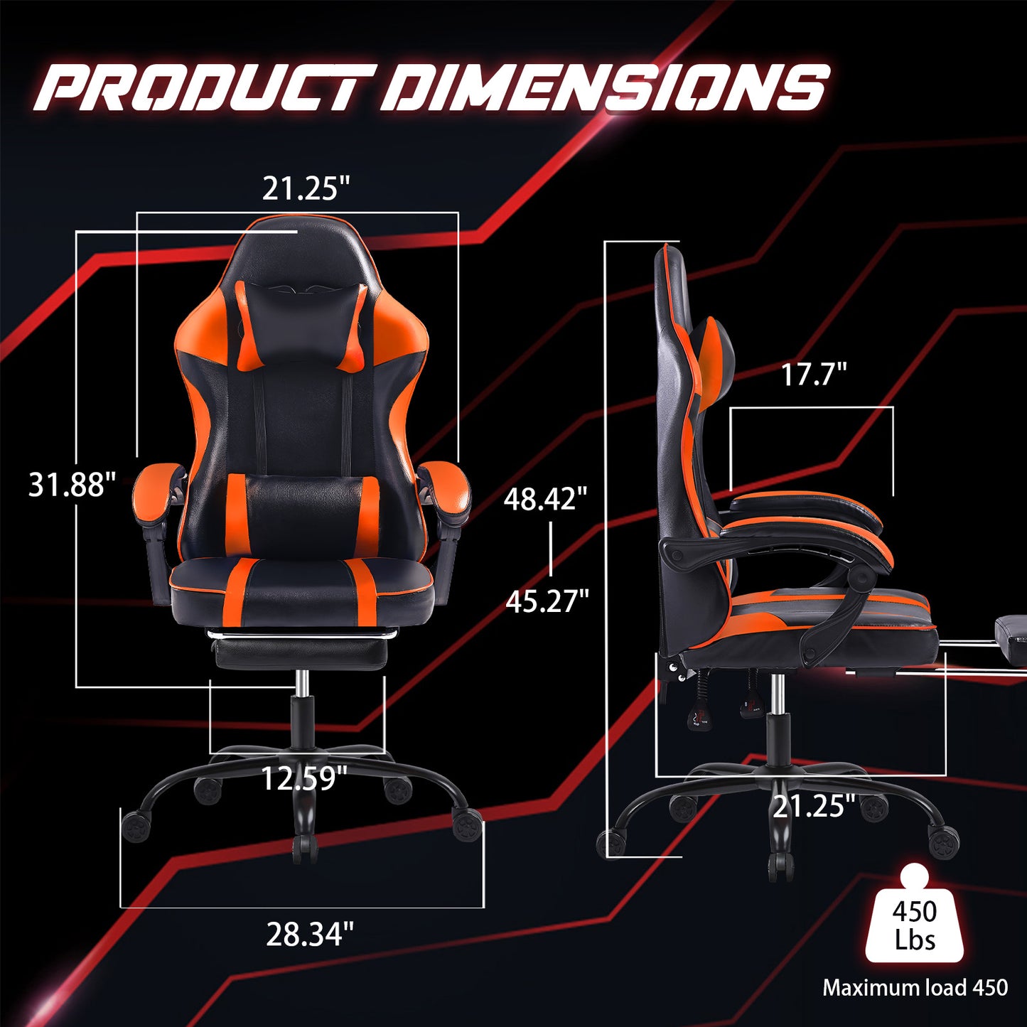 Video Game Chairs for Adults, PU Leather Gaming Chair with Footrest, 360°Swivel Adjustable Lumbar Pillow Gamer Chair, Comfortable Computer Chair for Heavy People, Orange