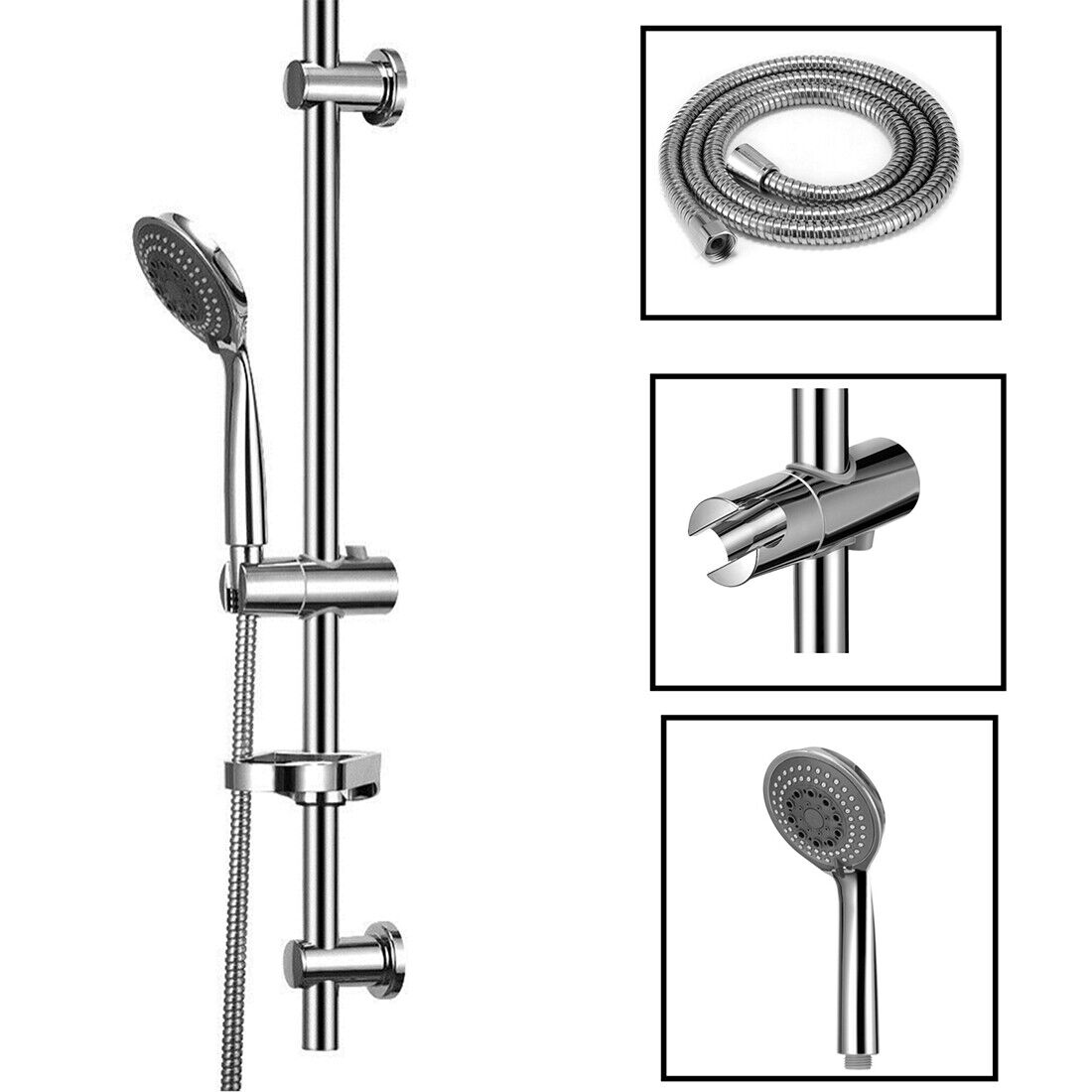 Slider Rail Shower Riser Kit Stainless Soap Bar Holder Hose Head Set