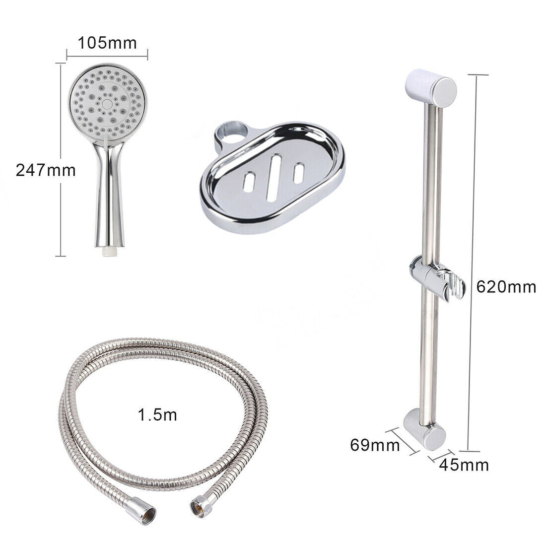 Slider Rail Shower Riser Kit Stainless Soap Bar Holder Hose Head Set