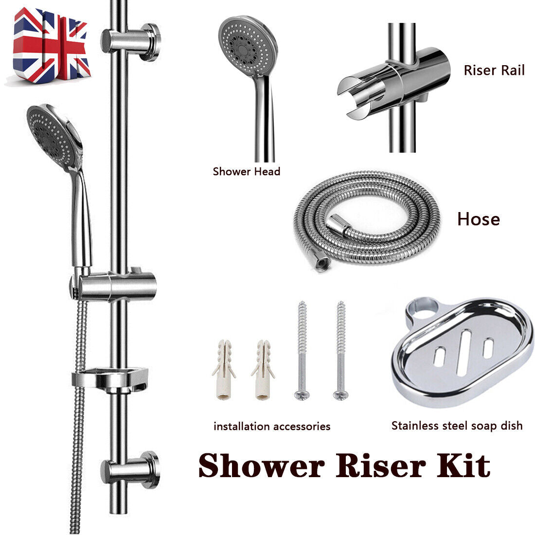 Slider Rail Shower Riser Kit Stainless Soap Bar Holder Hose Head Set