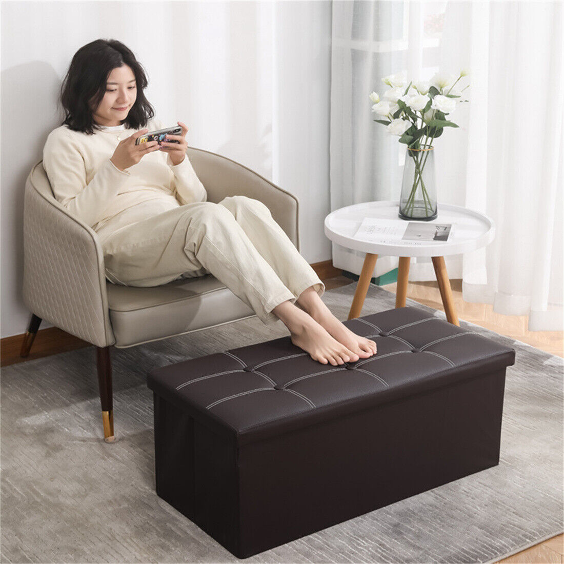 Large Seater Folding Storage Ottoman Pouffe Bench Seat Blanket Toy Chest Box UK