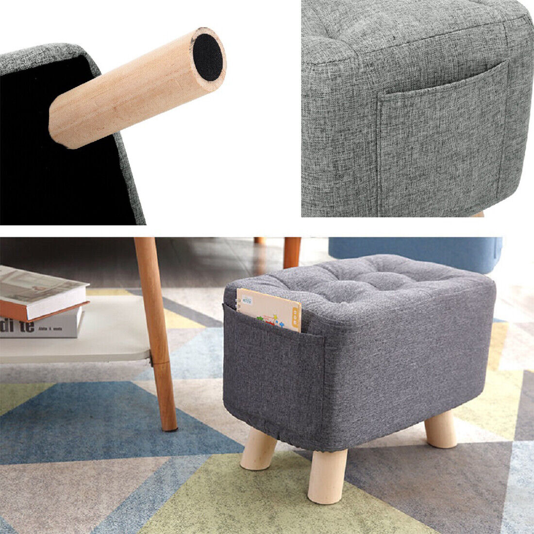 Linen Fabric Footstool Foot Rest Stool Pouffe Ottoman Seat Living Room Furniture