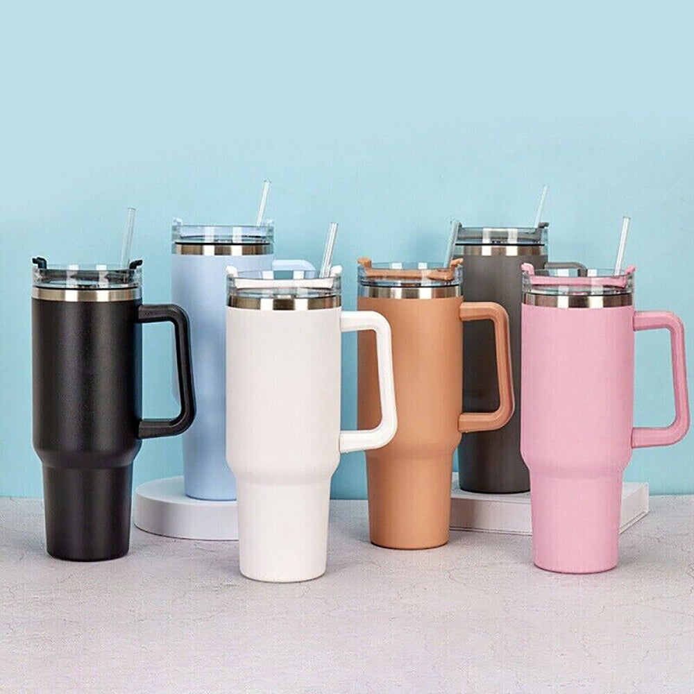 Stainless Steel Water Tumbler 40 Oz Cup Handle Straw Insulated Bottle Dupe Mug