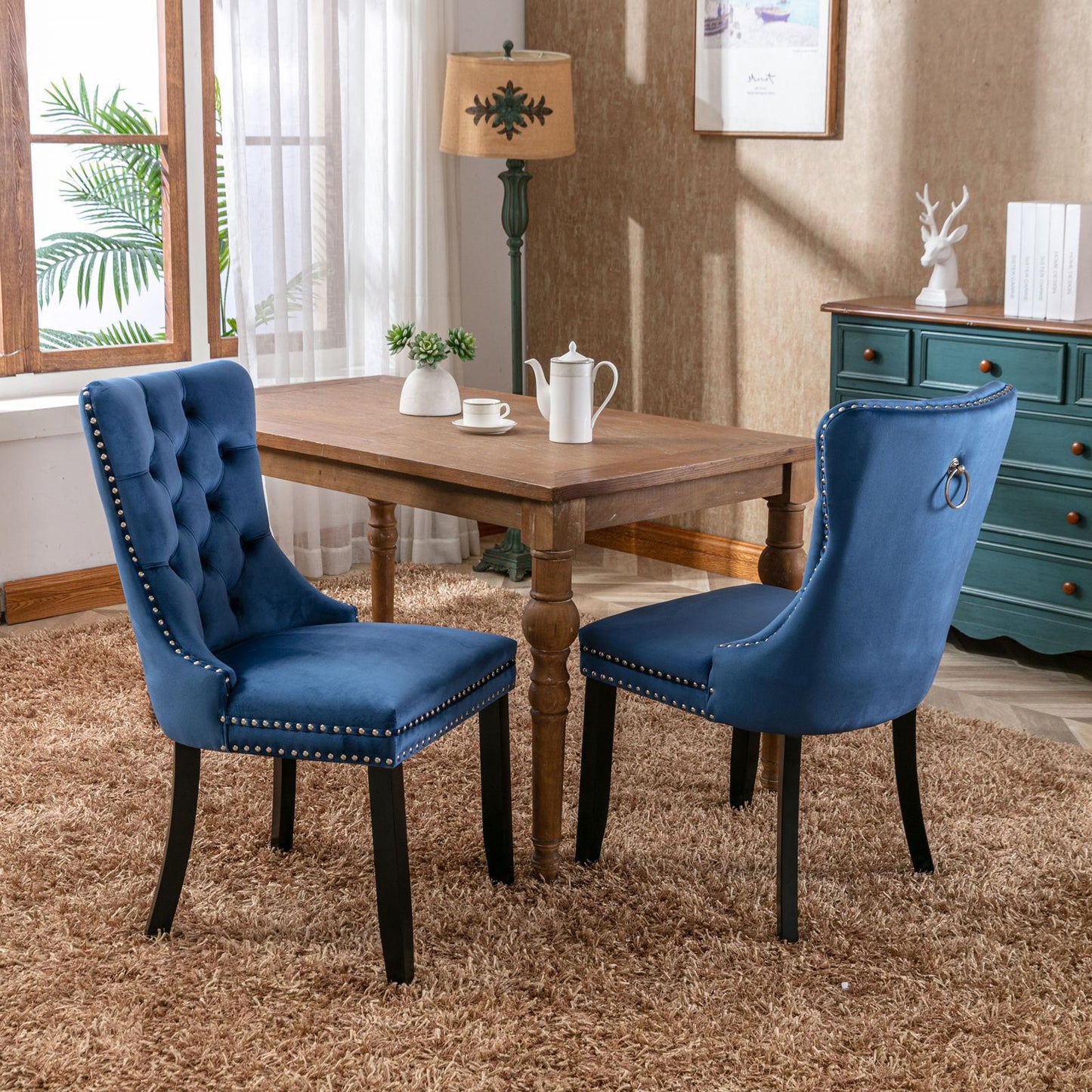 Modern, High-end Tufted Solid Wood Contemporary Velvet Upholstered Dining Chair with Wood Legs Nailhead Trim 2-Pcs Set,Blue