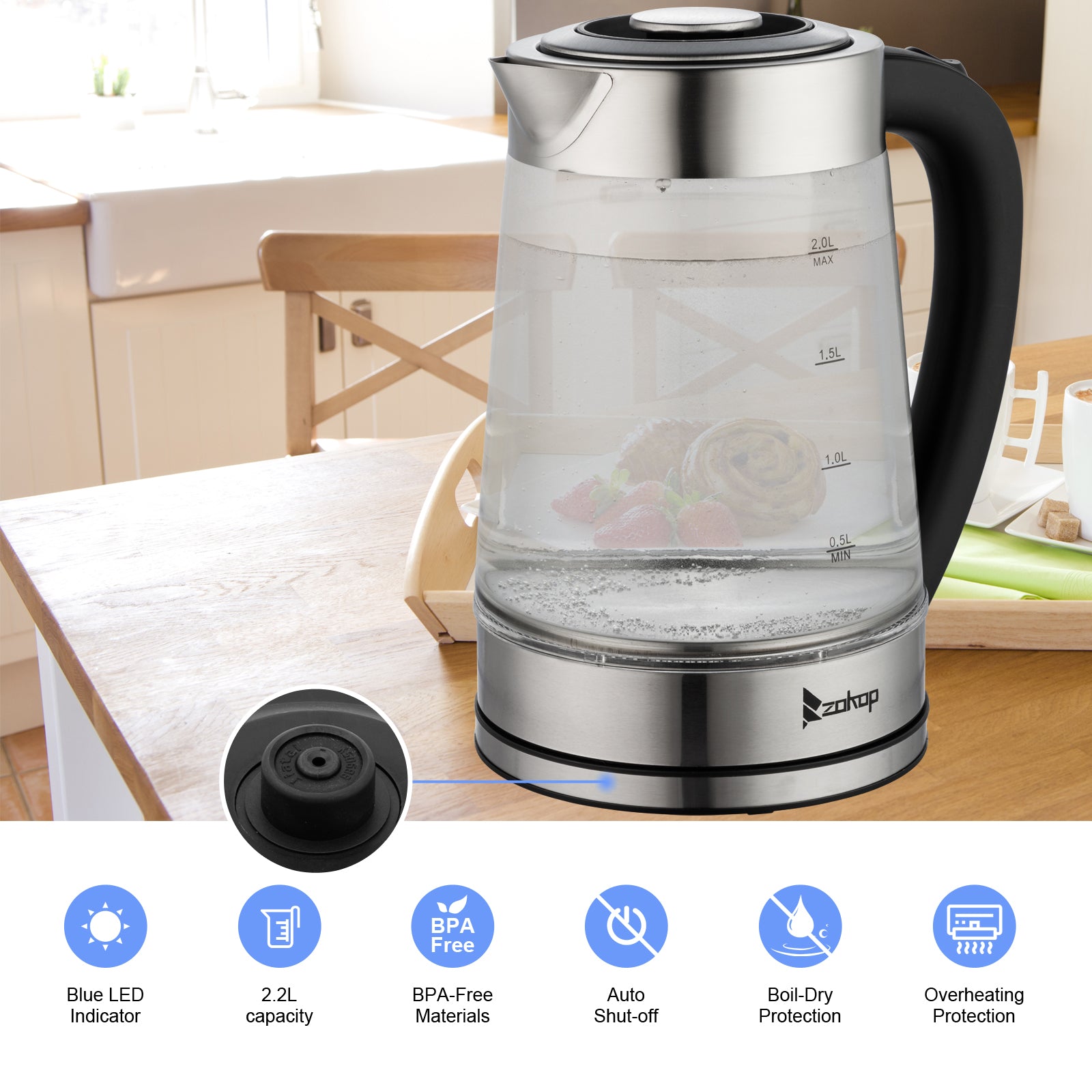 【Old Code：42128382】 HD-250 220V 2000W 2L Blue Glass Electric Kettle
