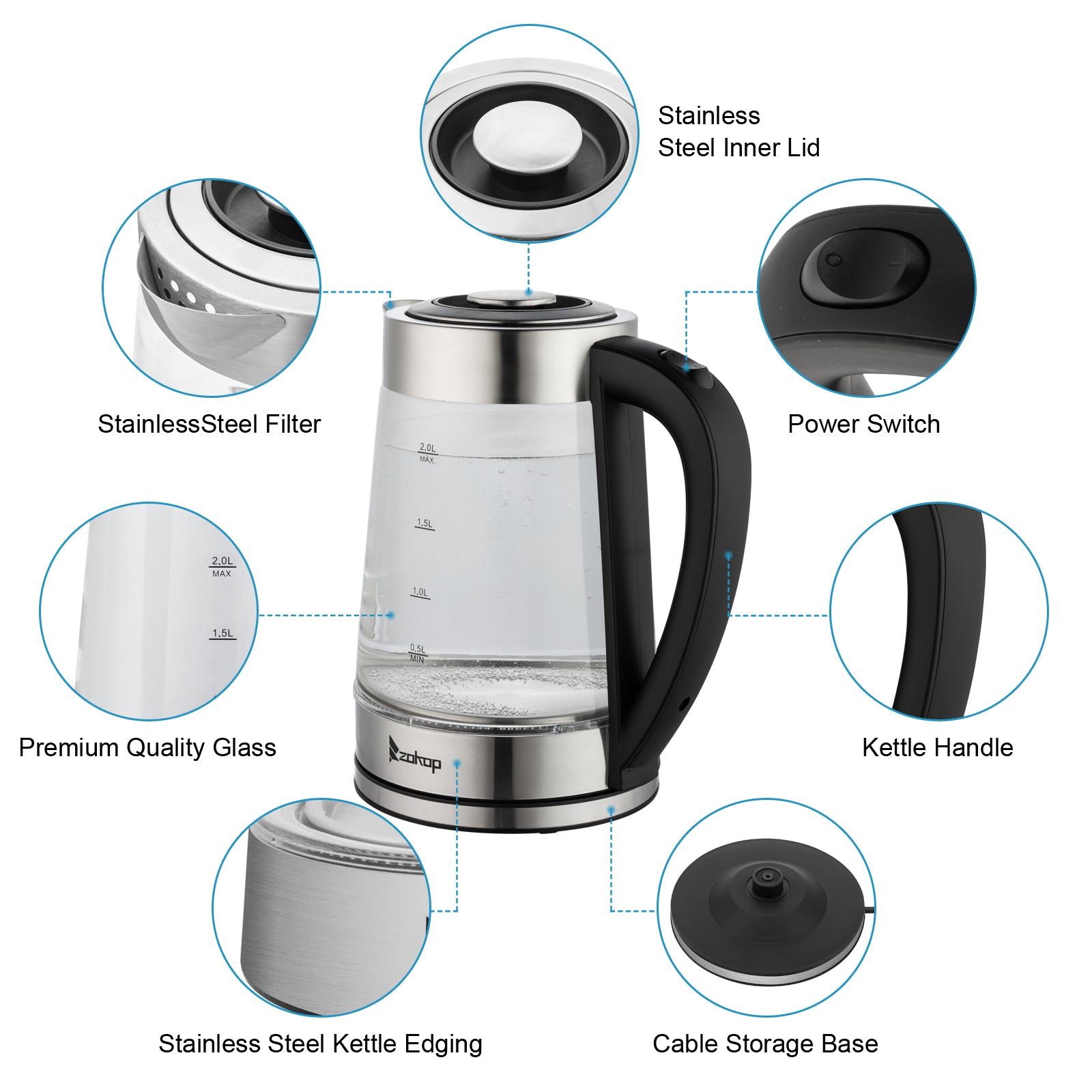 【Old Code：42128382】 HD-250 220V 2000W 2L Blue Glass Electric Kettle