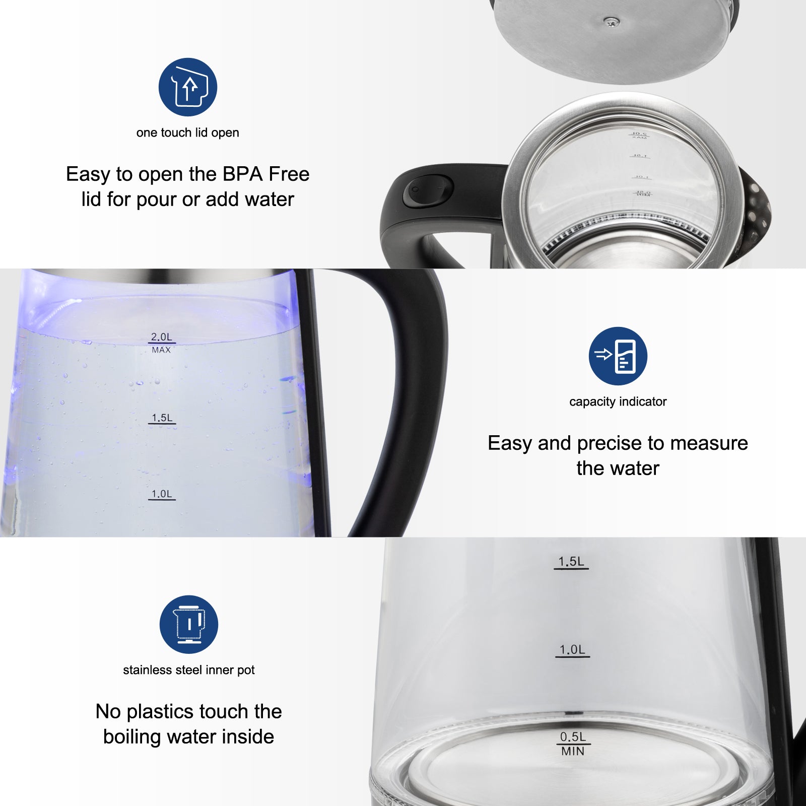 【Old Code：42128382】 HD-250 220V 2000W 2L Blue Glass Electric Kettle