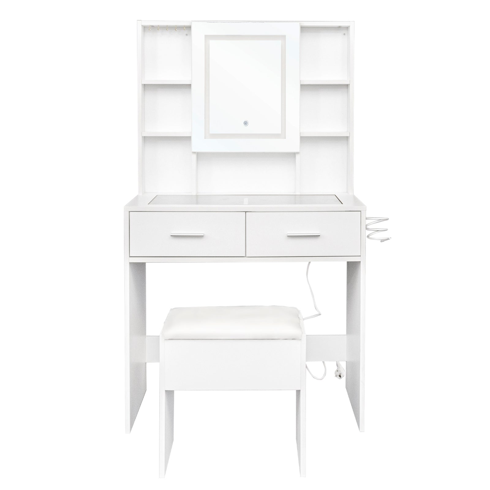 White, hemp surface particle board with triamine, 2 drawers and 4 shelves, dressing table set, LED three-color dimming touch mirror, with power strip, hair dryer holder, glass table top