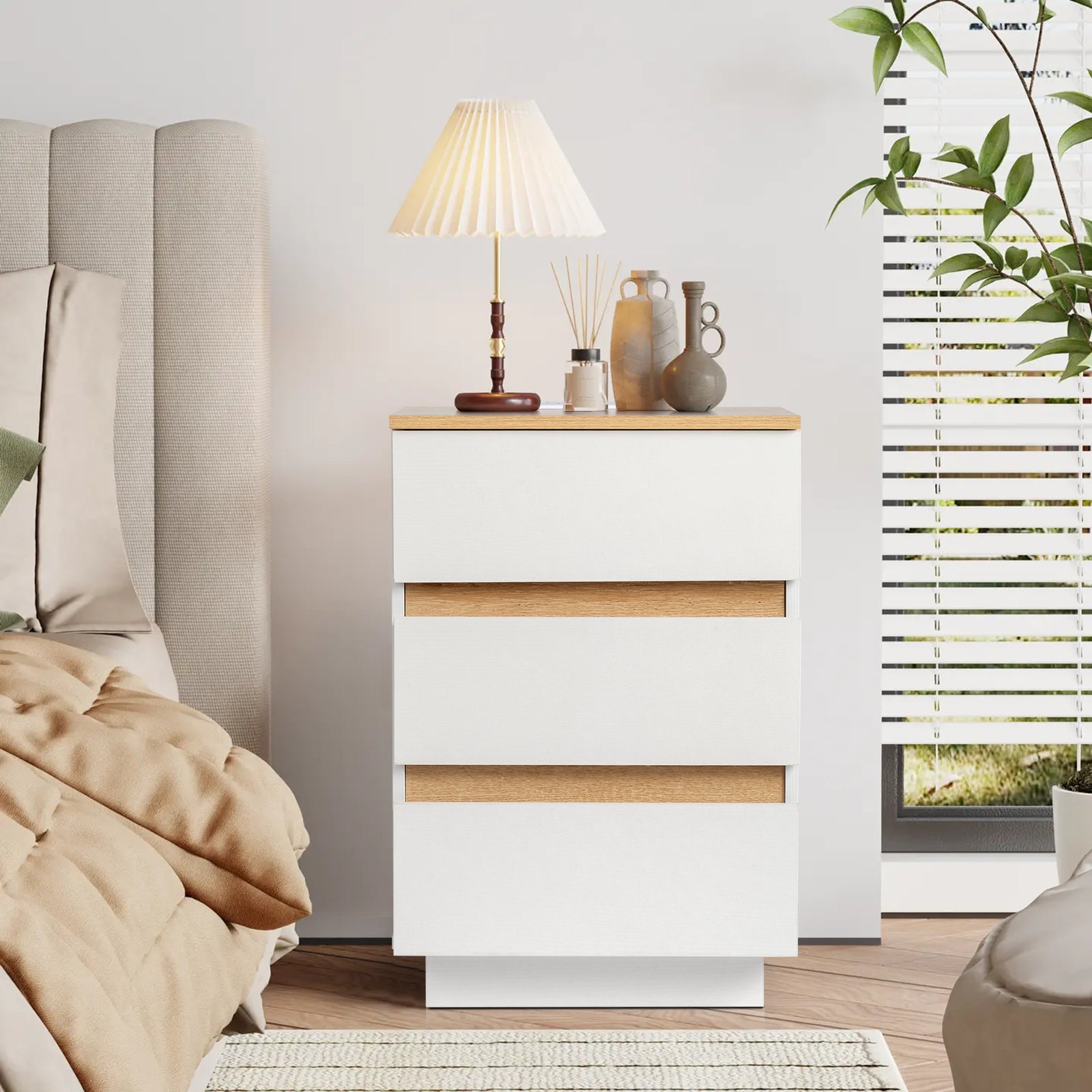 Embossed White + Embossed Oak E1 Particleboard 12MM Handle-free 38*32*56cm 3 drawers Bedside table British standard socket 1pc