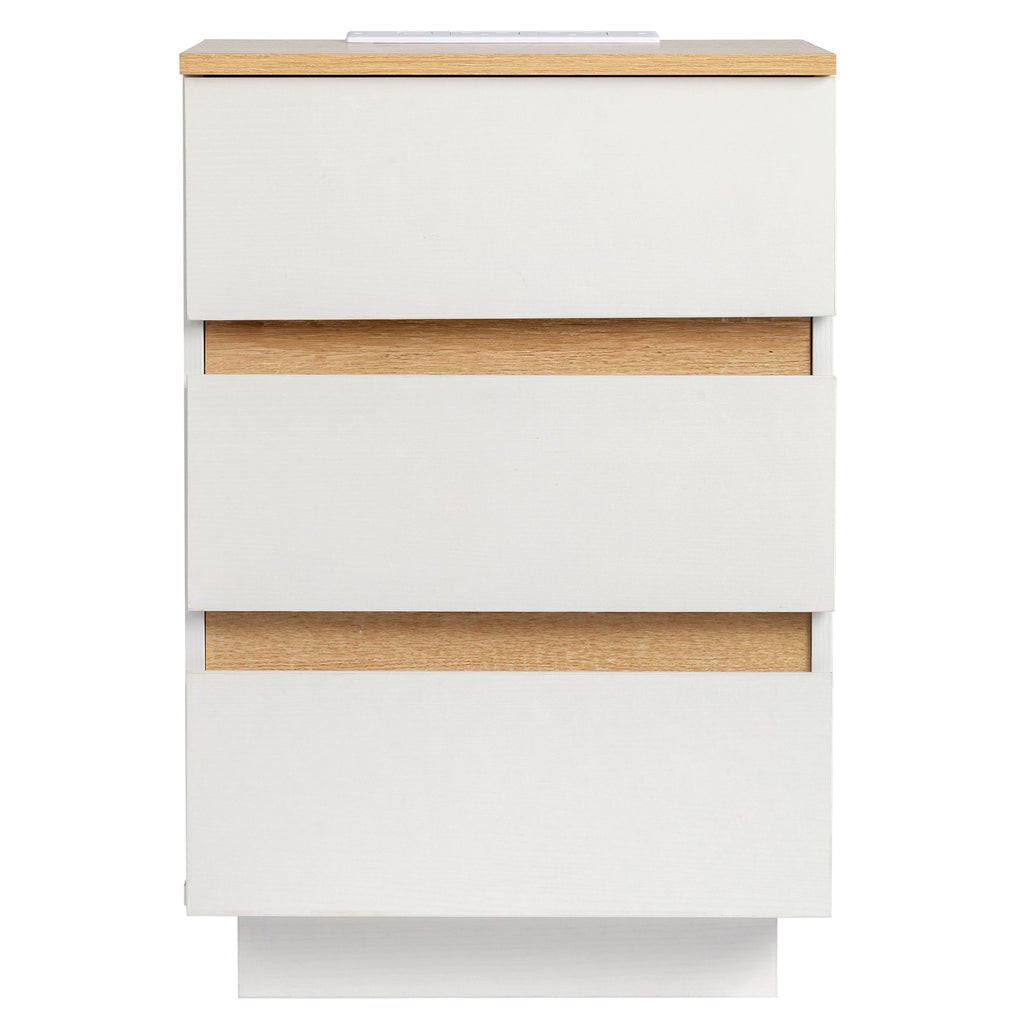 Embossed White + Embossed Oak E1 Particleboard 12MM Handle-free 38*32*56cm 3 drawers Bedside table British standard socket 1pc