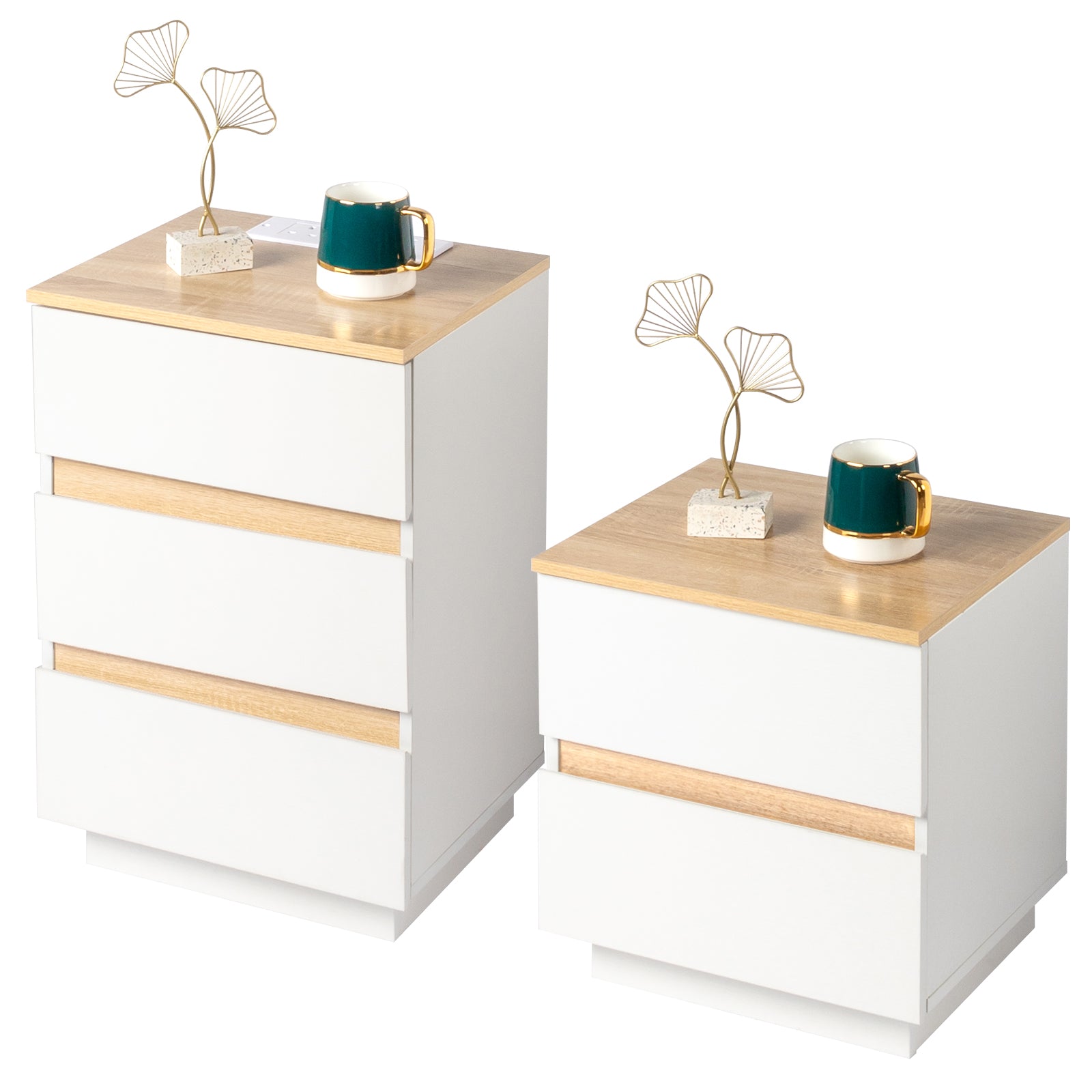 Embossed White + Embossed Oak E1 Particleboard 12MM Handle-free 38*32*56cm 3 drawers Bedside table British standard socket 1pc
