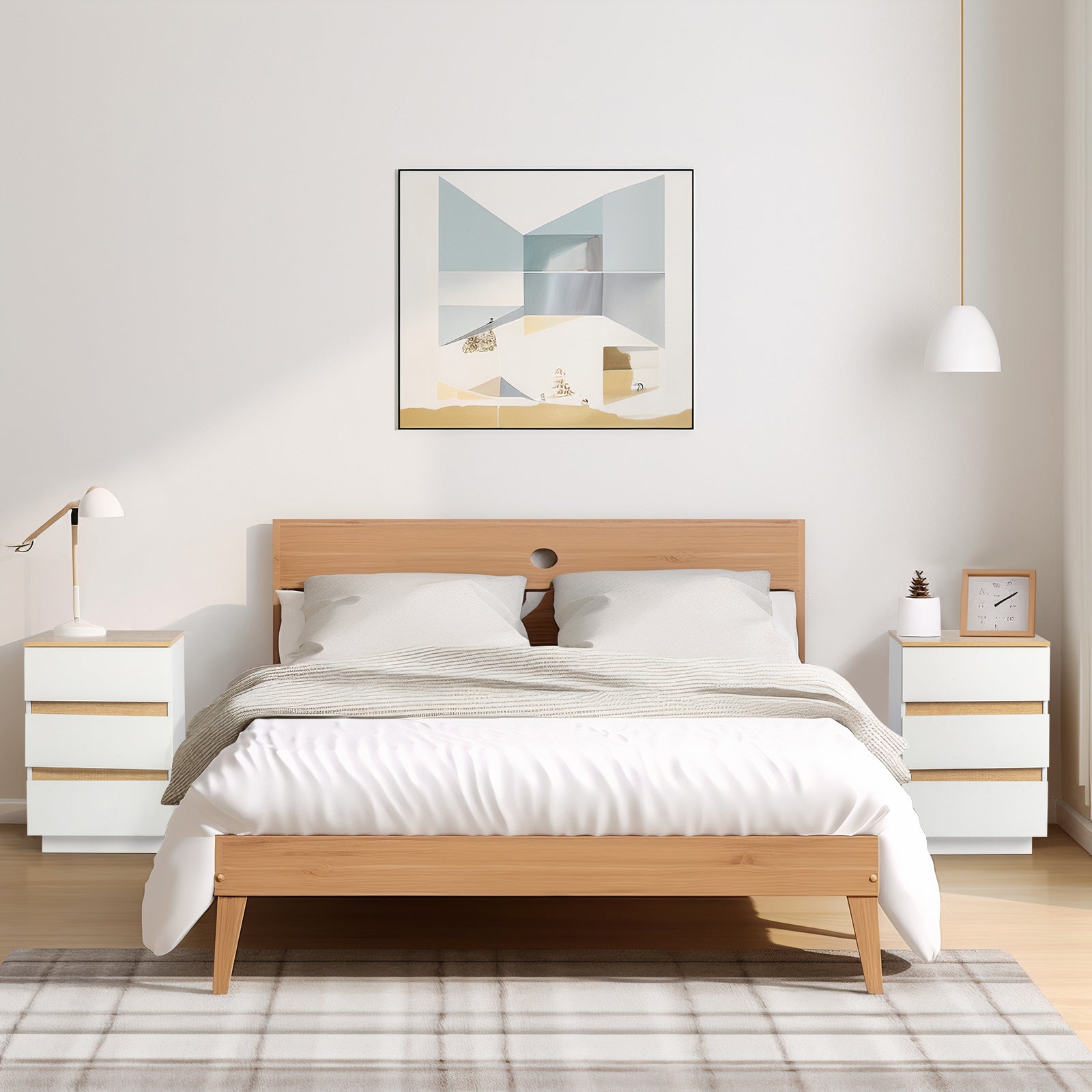 embossed white + embossed oak E1 particle board 12MM handle-free 38*32*56cm 3 drawers bedside table 1pc