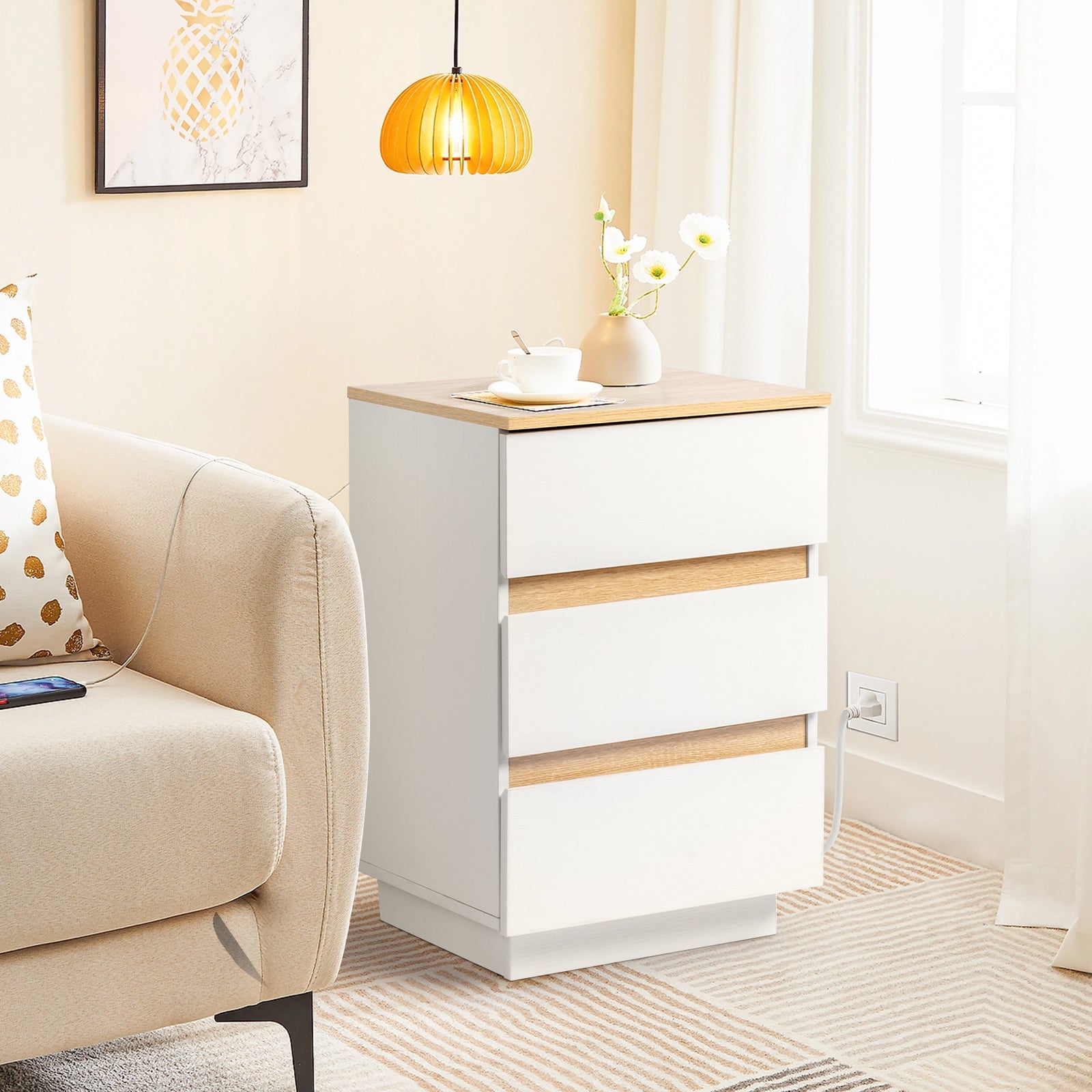 embossed white + embossed oak E1 particle board 12MM handle-free 38*32*56cm 3 drawers bedside table 1pc