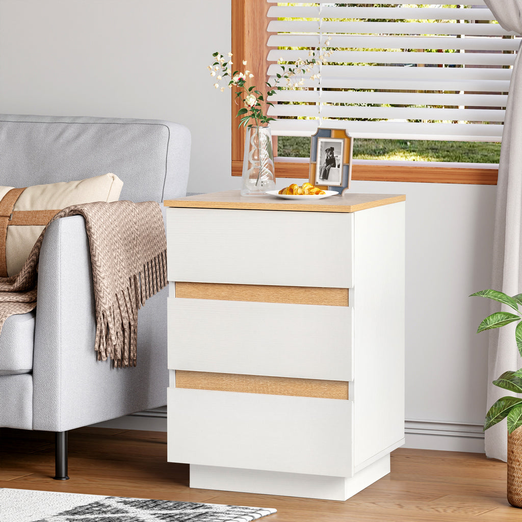 embossed white + embossed oak E1 particle board 12MM handle-free 38*32*56cm 3 drawers bedside table 1pc